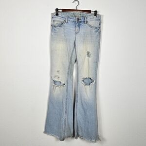 Free People Flare Destroy Jeans Low-Rise Light Wash Blue Denim Raw Hem Size 26